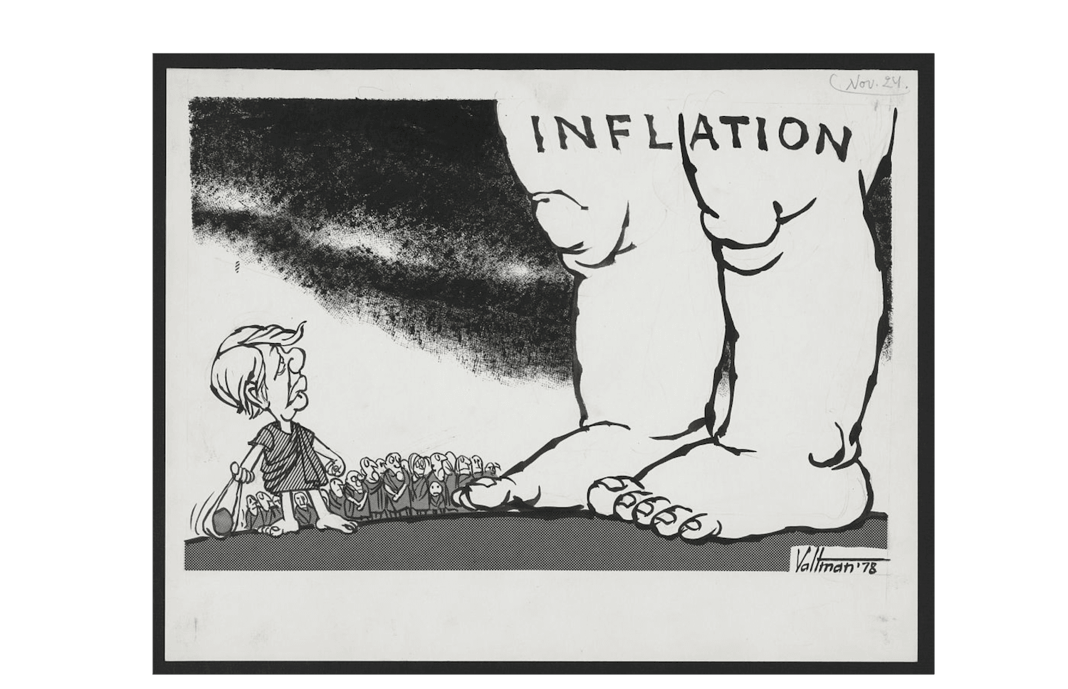 A political cartoon from 1978 depicting a David and Goliath biblical recreation. US President Jimmy Carter is David, while Inflation is Goliath