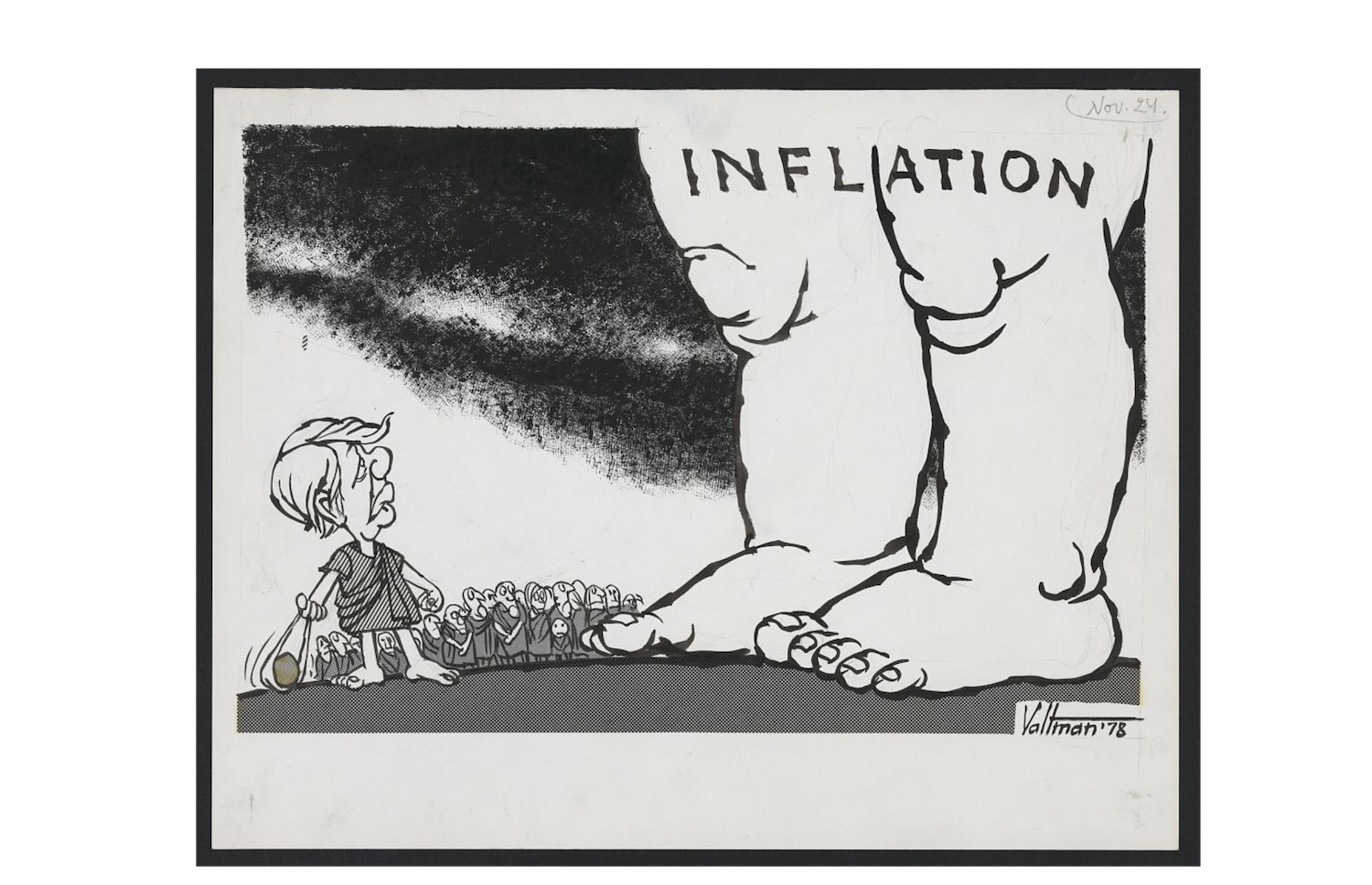A political cartoon from 1978 depicting a David and Goliath biblical recreation. US President Jimmy Carter is David, while Inflation is Goliath